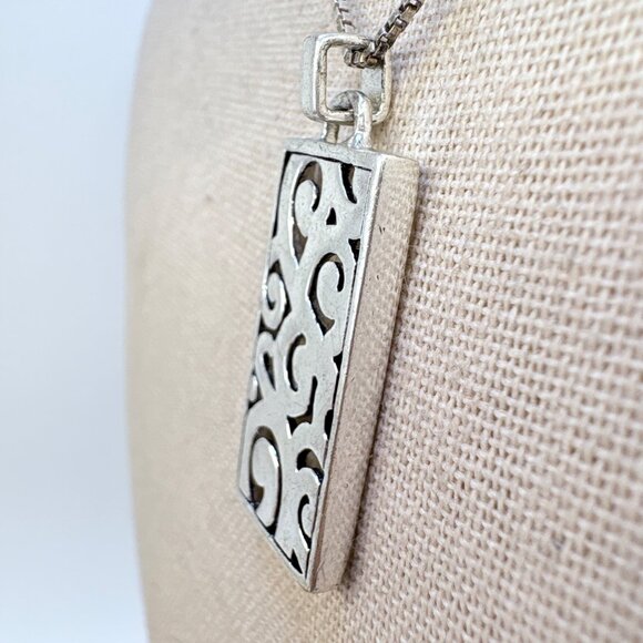 Sterling Silver 925 Scroll Design Rectangle Pendant Necklace Size 21.5" Length - Picture 3 of 14